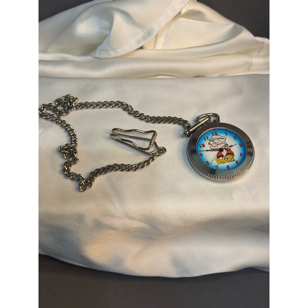 Popeye the Sailor Man Pocket Watch Silver Tone Chain Belt Clip Collectible Ticks